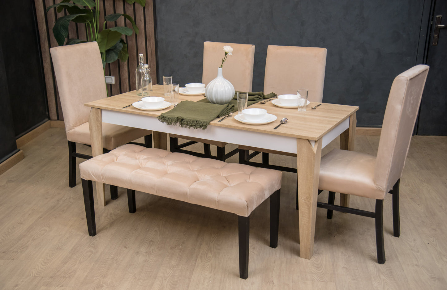 4-Seater Dining Table – Velvet Chairs, 160x80cm