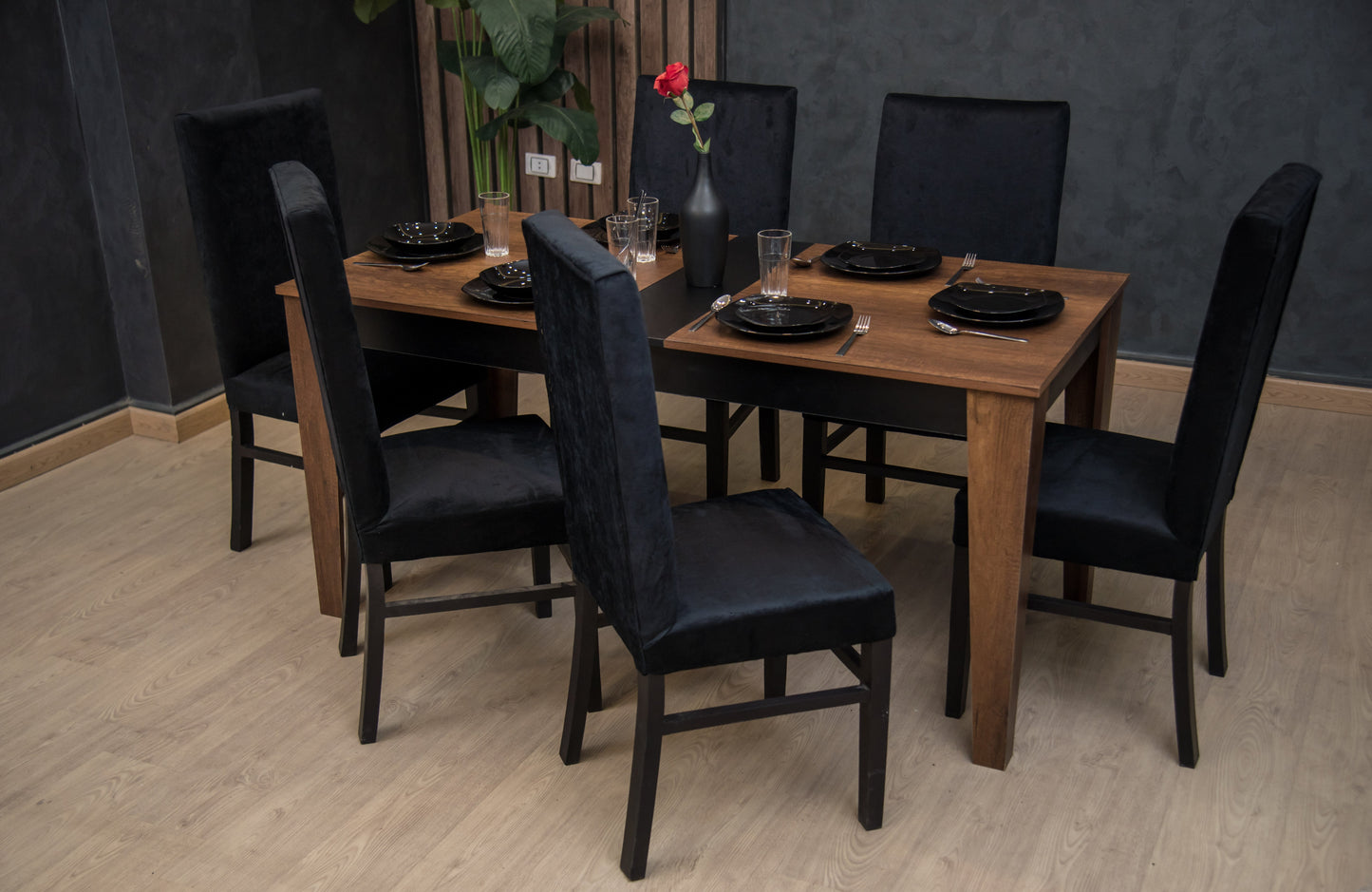6-Seater Dining Table – Velvet Chairs, 160x80cm