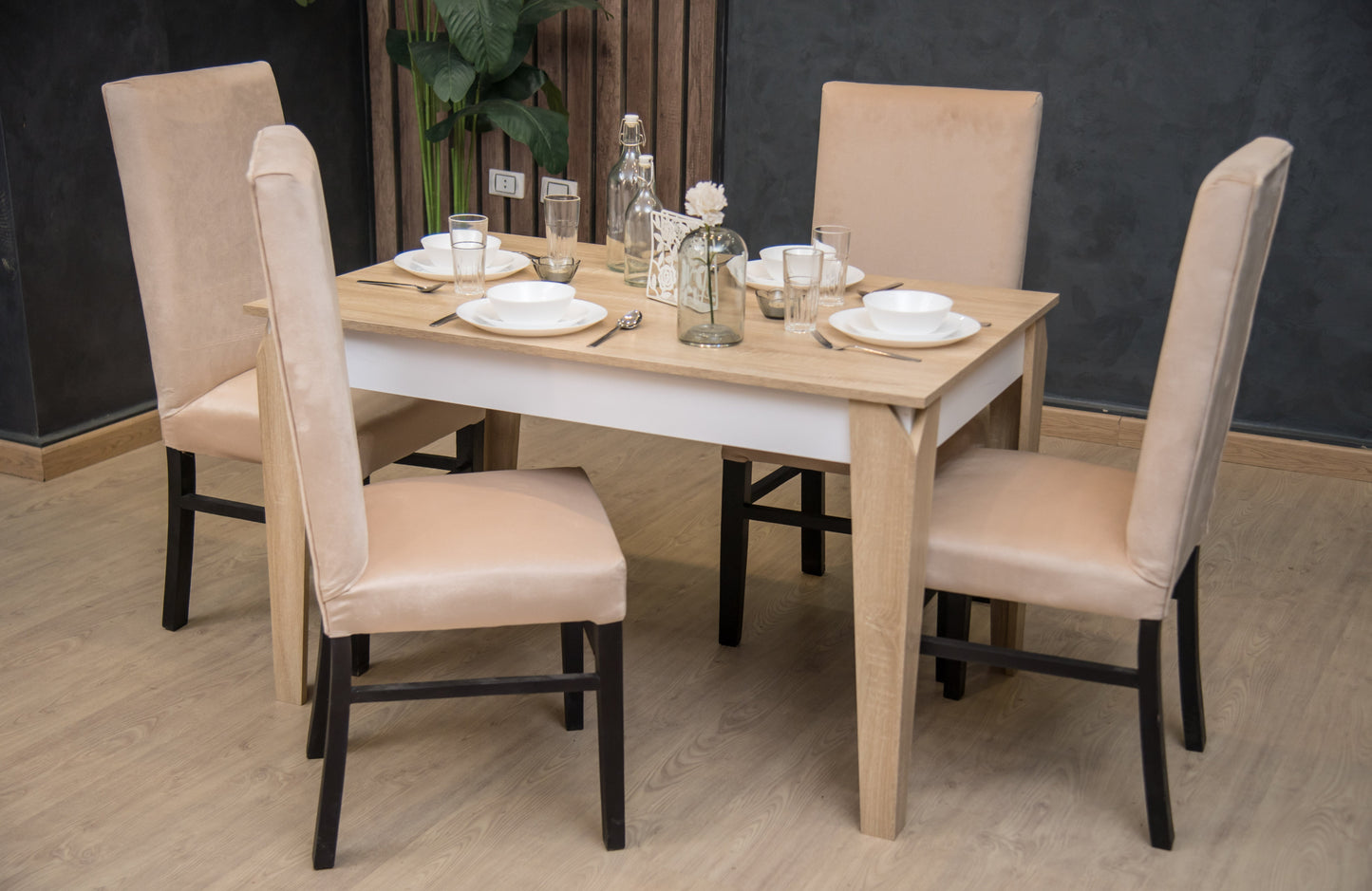 4-Seater Dining Table – Velvet Chairs, 120x80cm