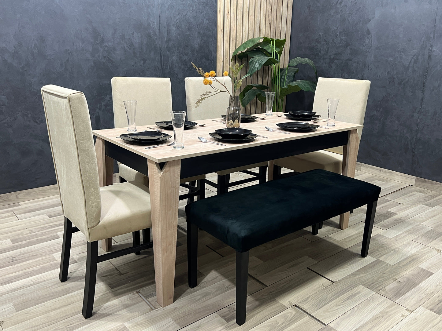 4-Seater Dining Table – Velvet Chairs, 160x80cm
