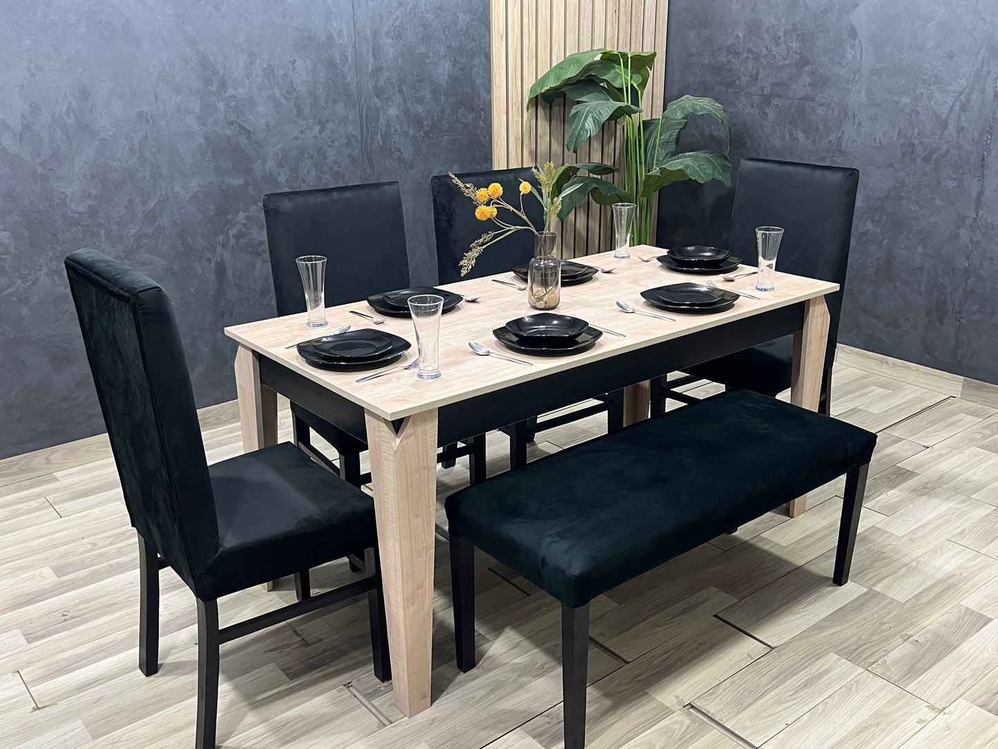 4-Seater Dining Table – Velvet Chairs, 160x80cm