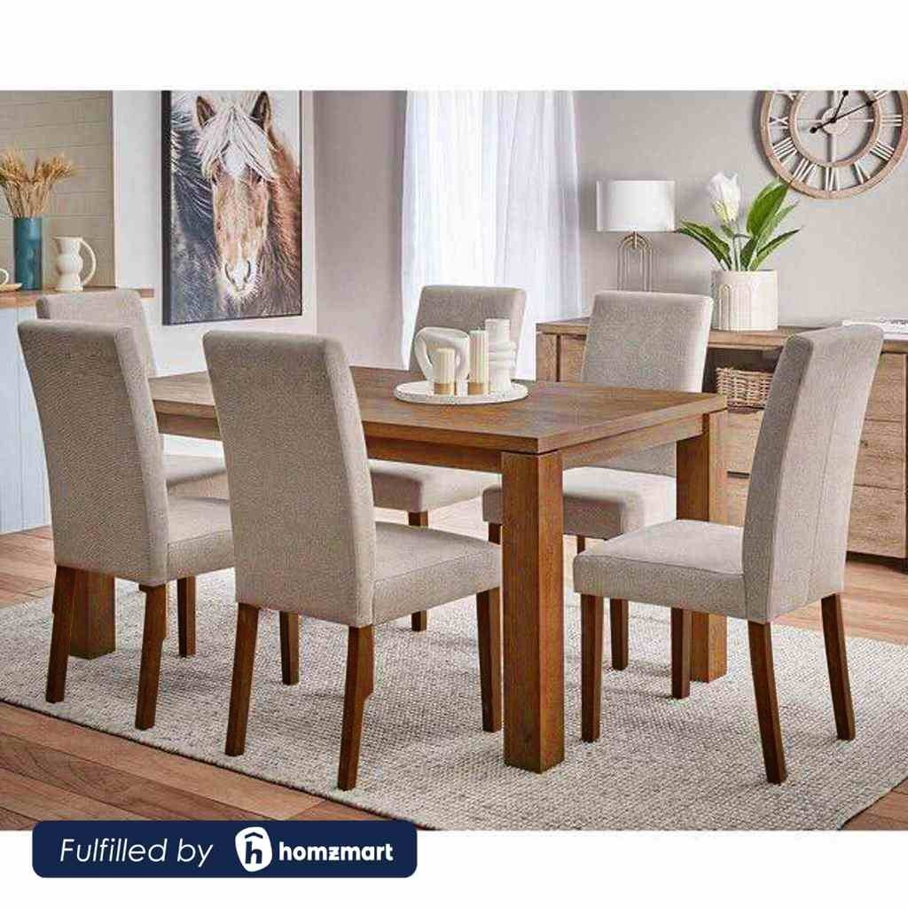 6-Seater Dining Table – Linen Chairs, 160x80cm