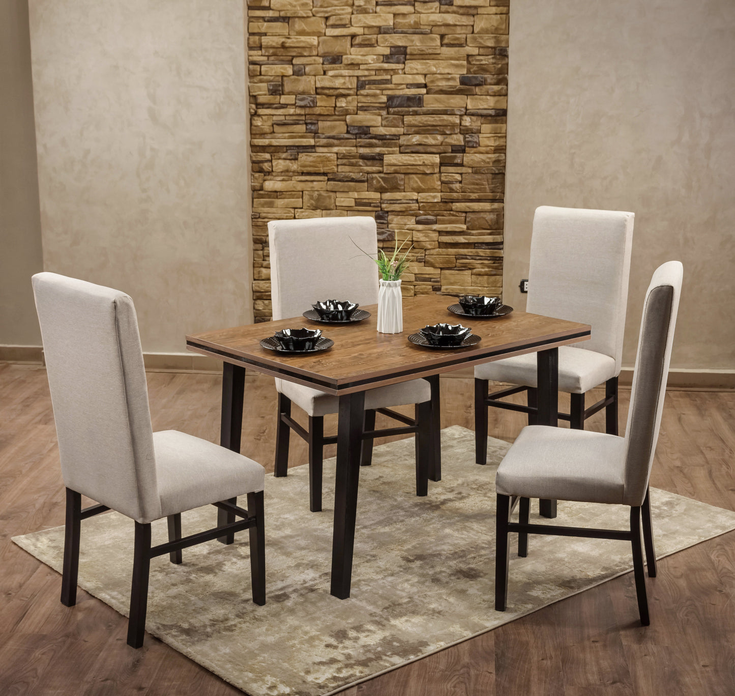 4-Seater Dining Table – Linen Chairs, 80x120cm