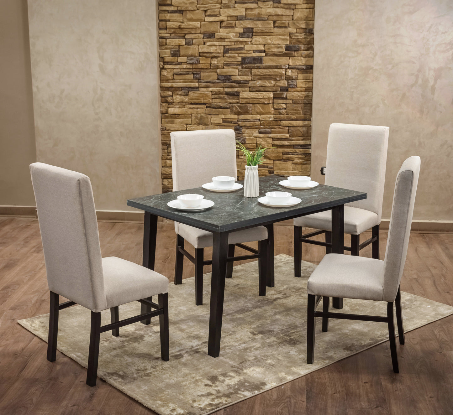 4-Seater Dining Table – Linen Chairs, 80x120cm