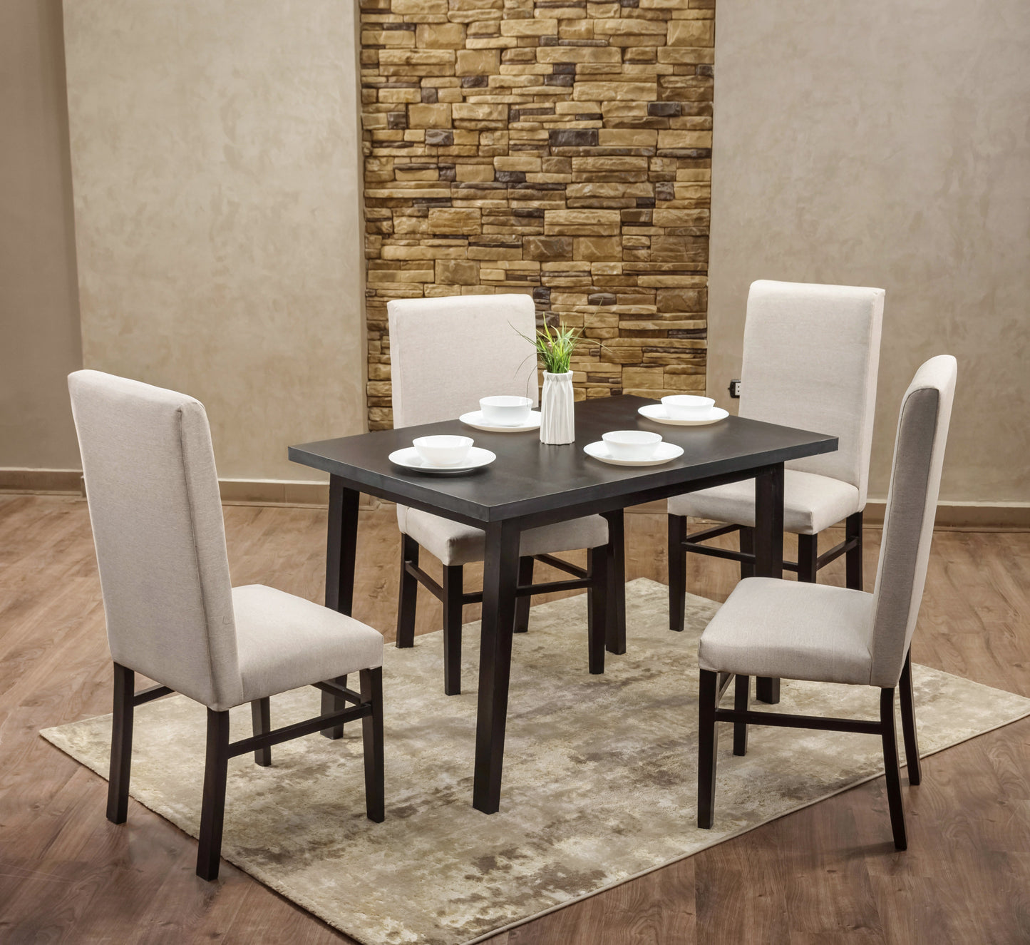 4-Seater Dining Table – Linen Chairs, 80x120cm