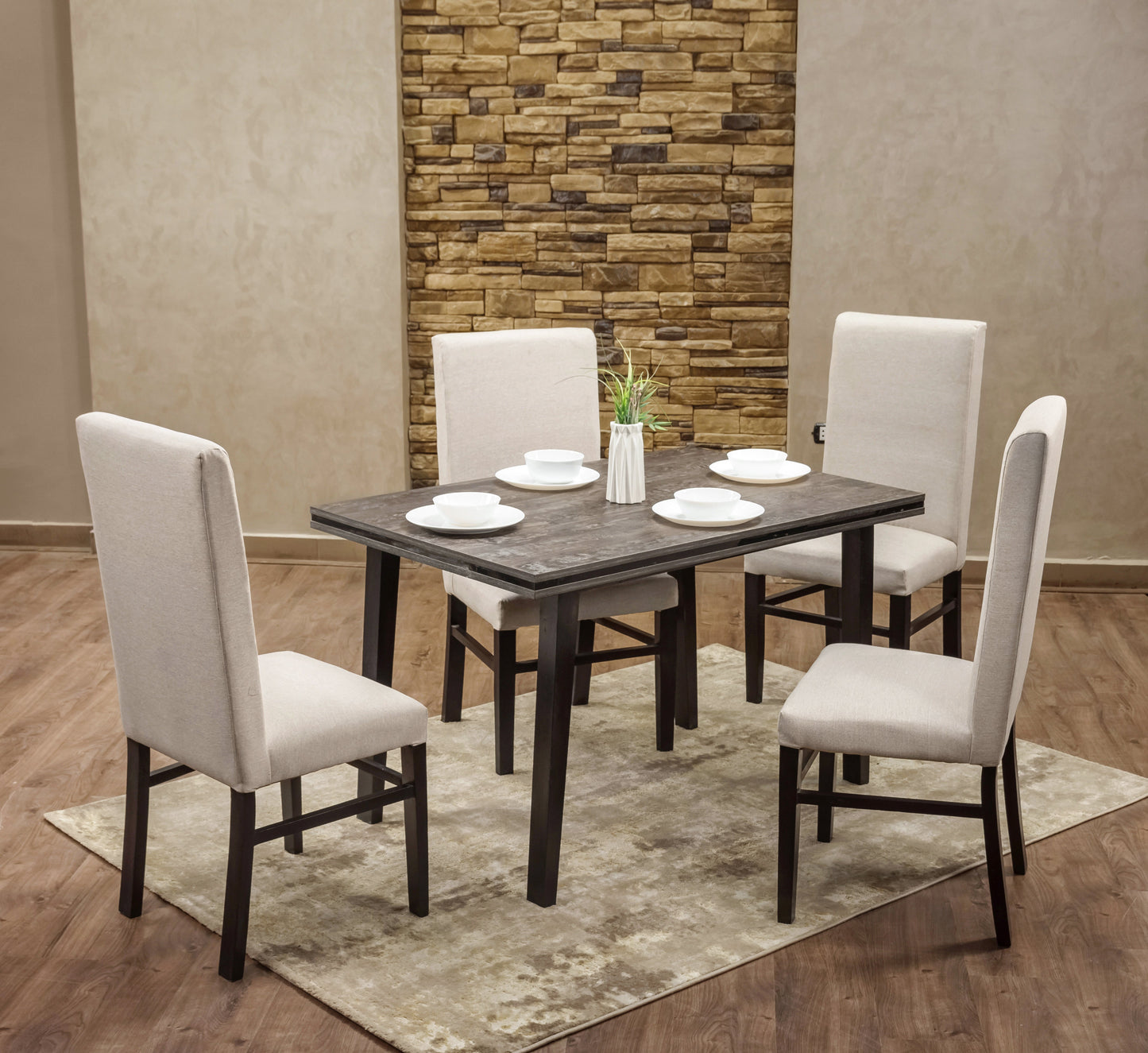 4-Seater Dining Table – Linen Chairs, 80x120cm