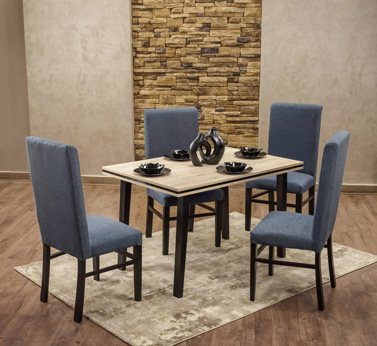 4-Seater Dining Table – Linen Chairs, 120x80cm