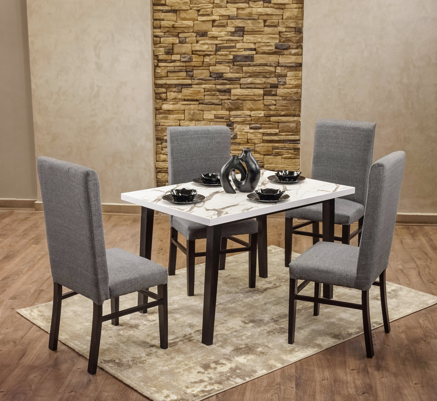 4-Seater Dining Table – Linen Chairs, 120x80cm