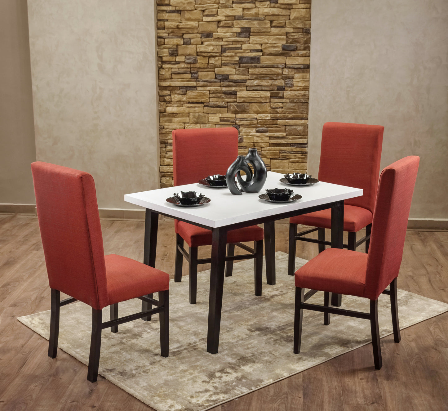 4-Seater Dining Table – Linen Chairs, 120x80cm