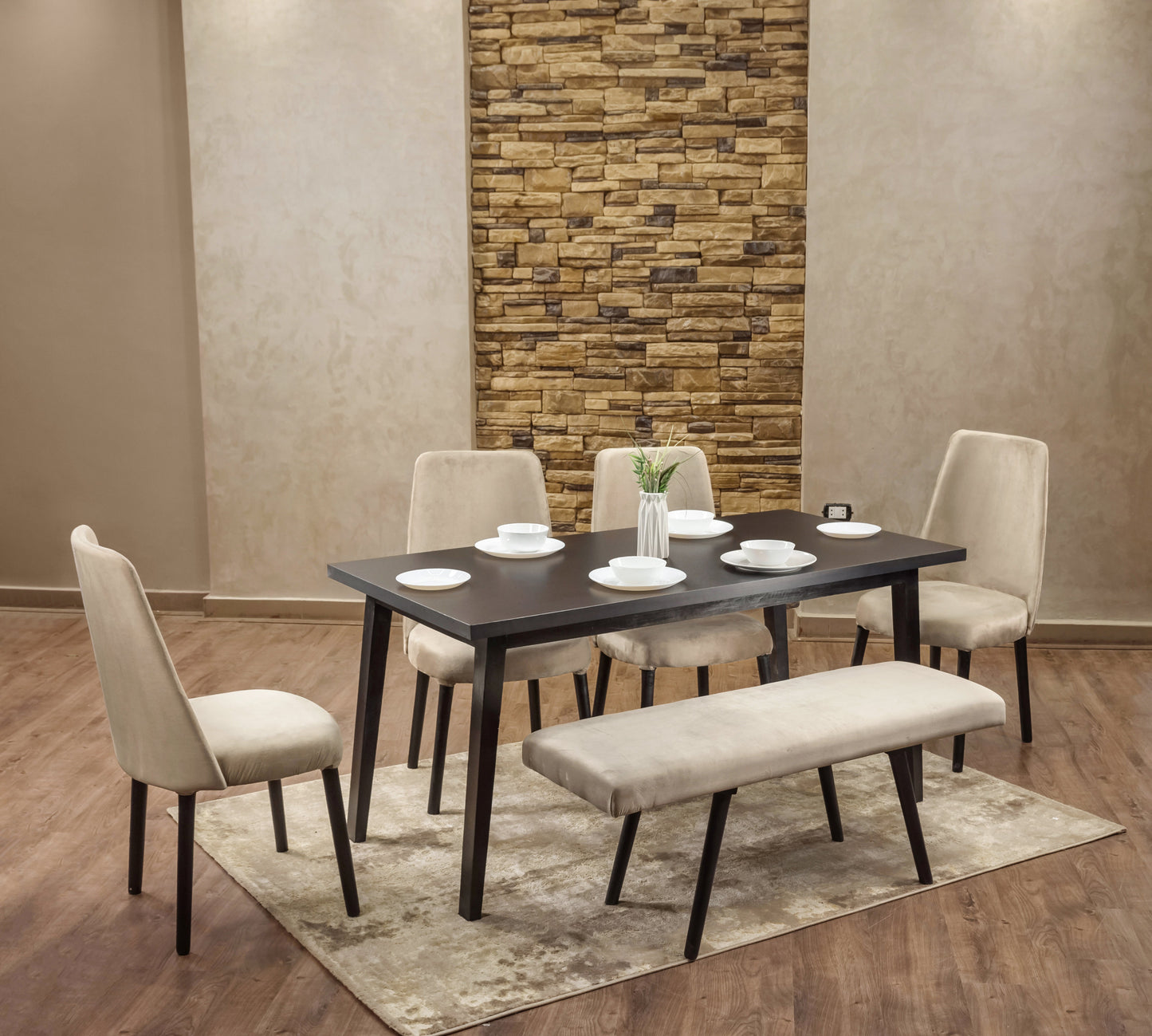 4-Seater Dining Table – Velvet Chairs, 160x80cm
