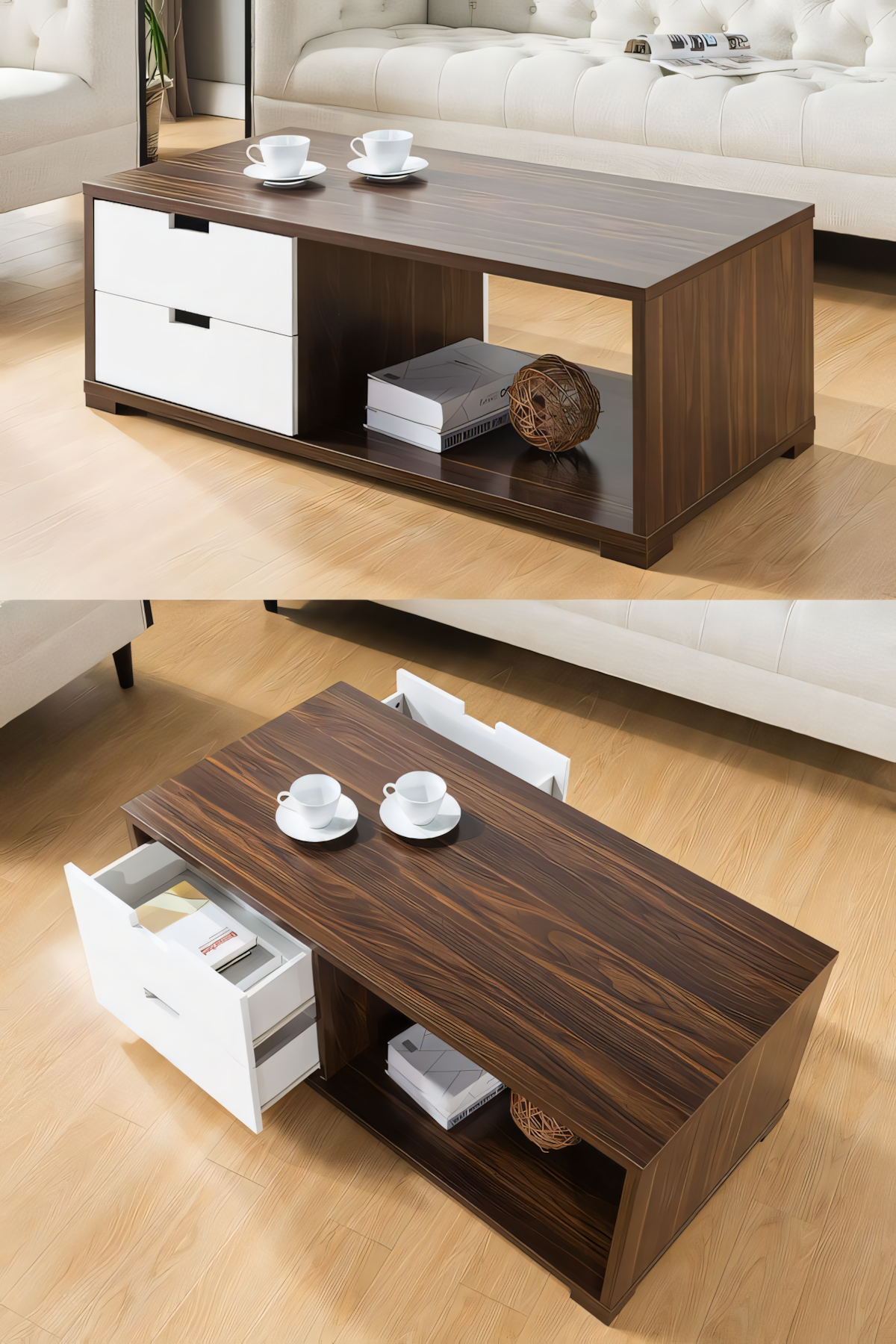 Large Side Table – White & Brown, 120x60cm