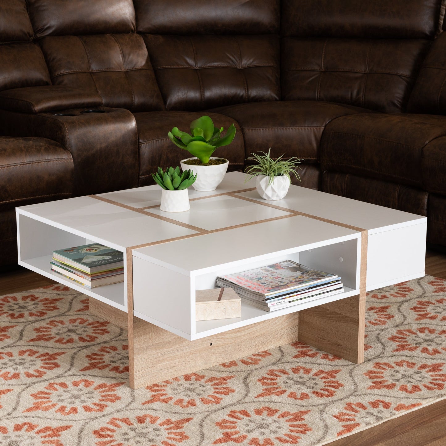Side Table – White & Wooden, 80x80cm