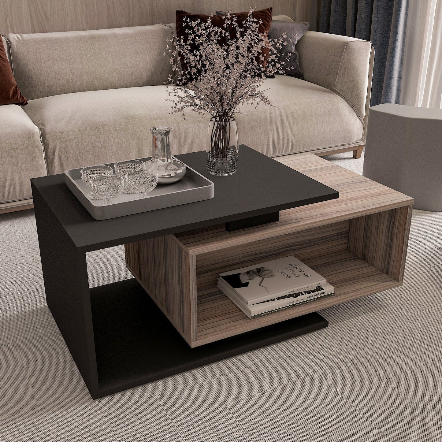 Compact Side Table – Black & Grey, 40x50cm