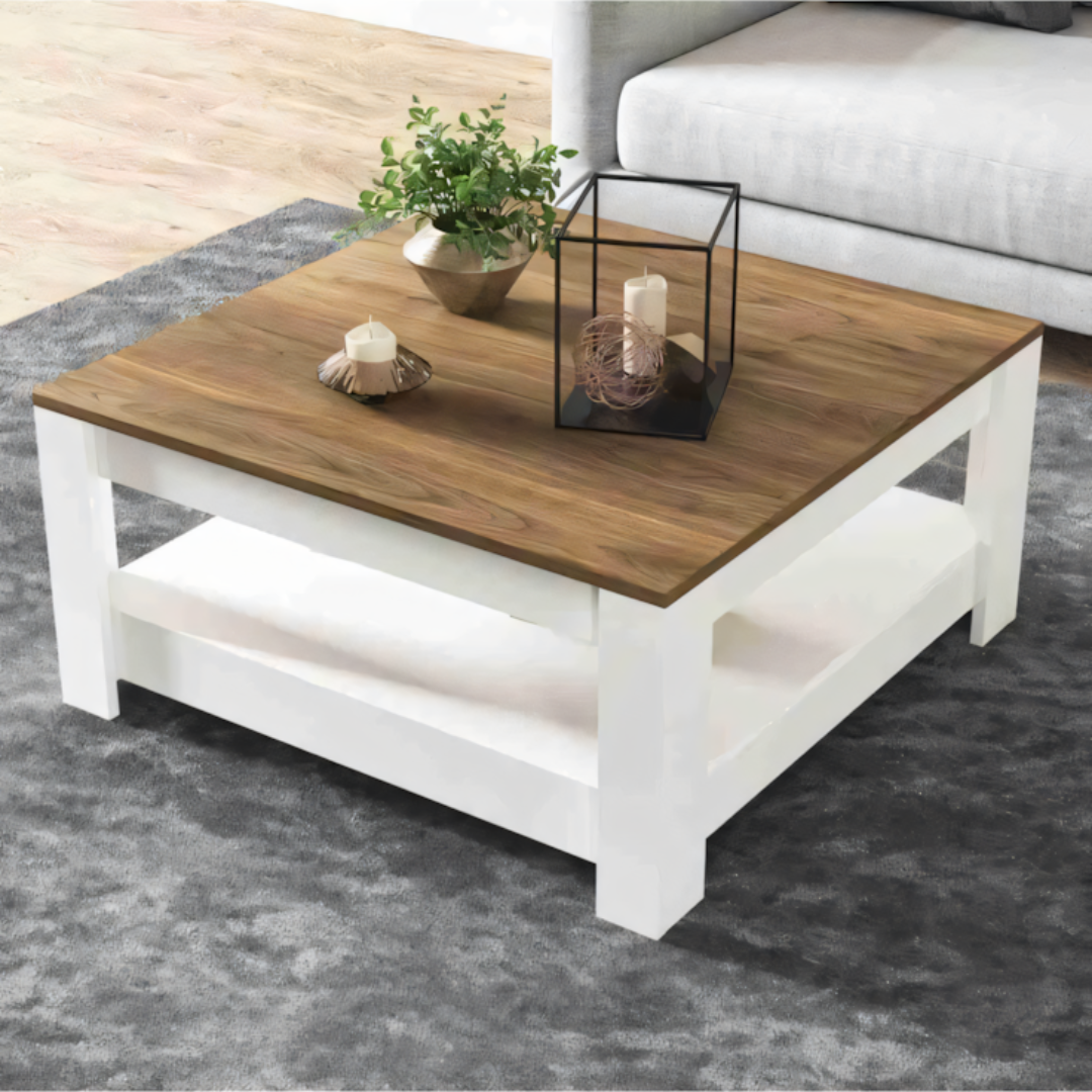 Side Table – Wooden & White, 80x80cm