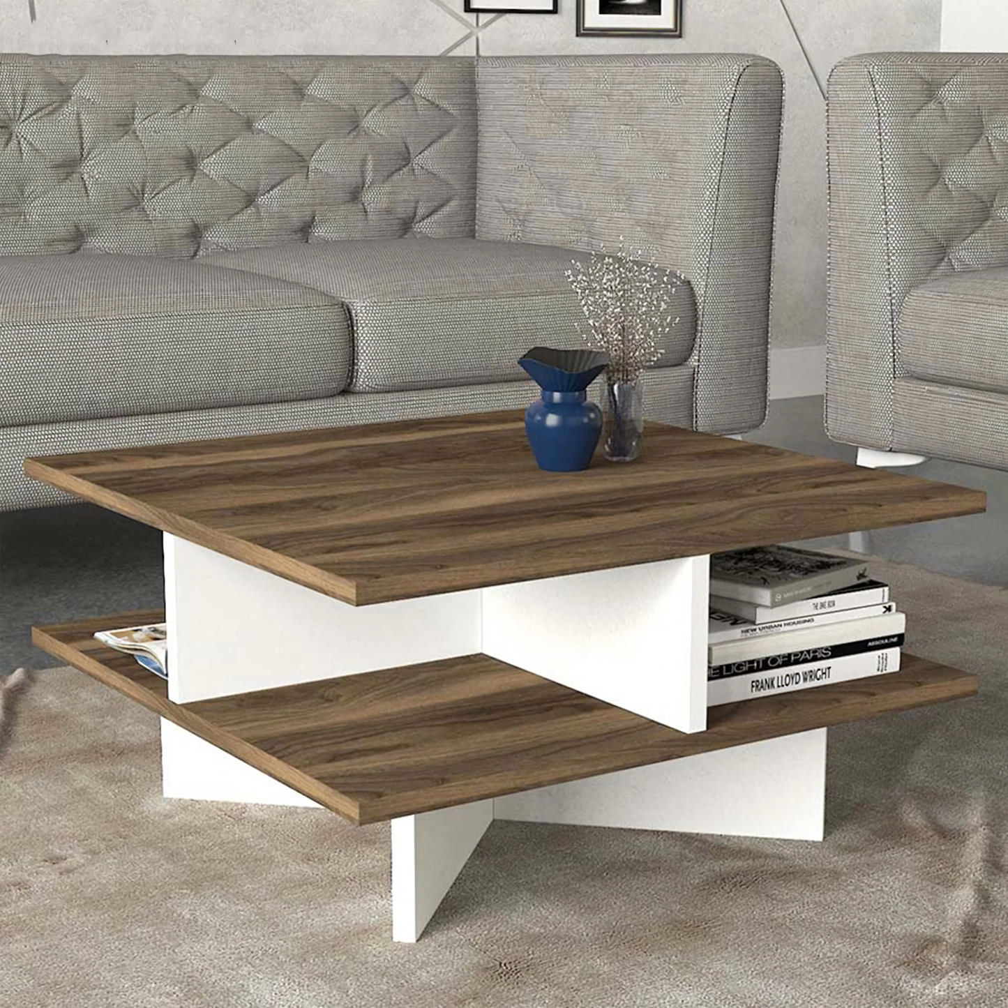 Side Table – White & Wooden, 80x80cm