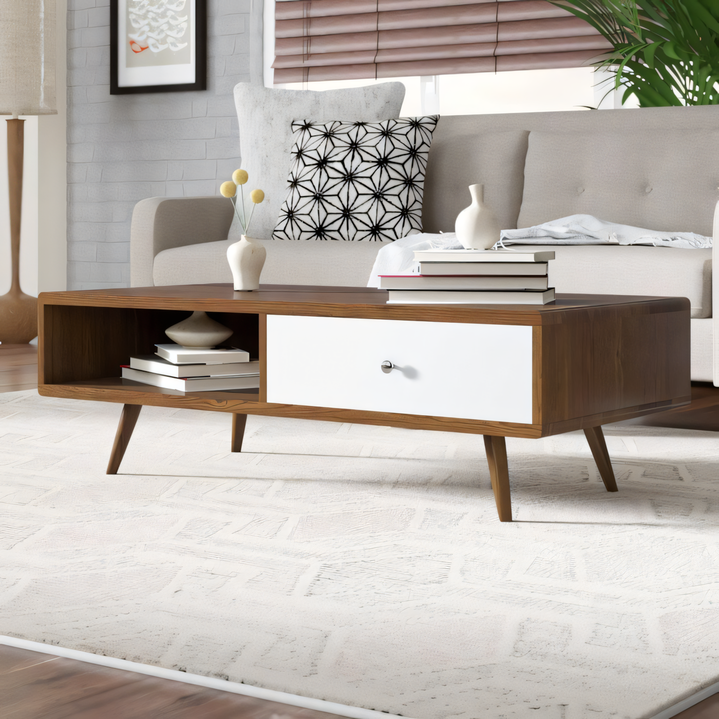Large Side Table – Brown & White, 100x50cm