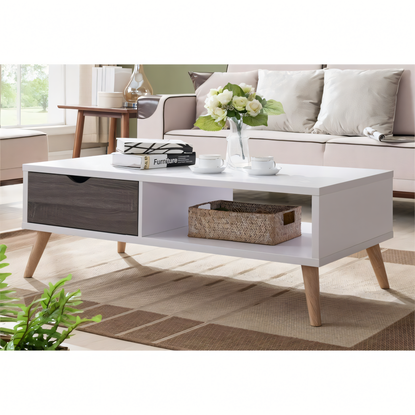 Large Side Table – White & Grey, 100x50cm