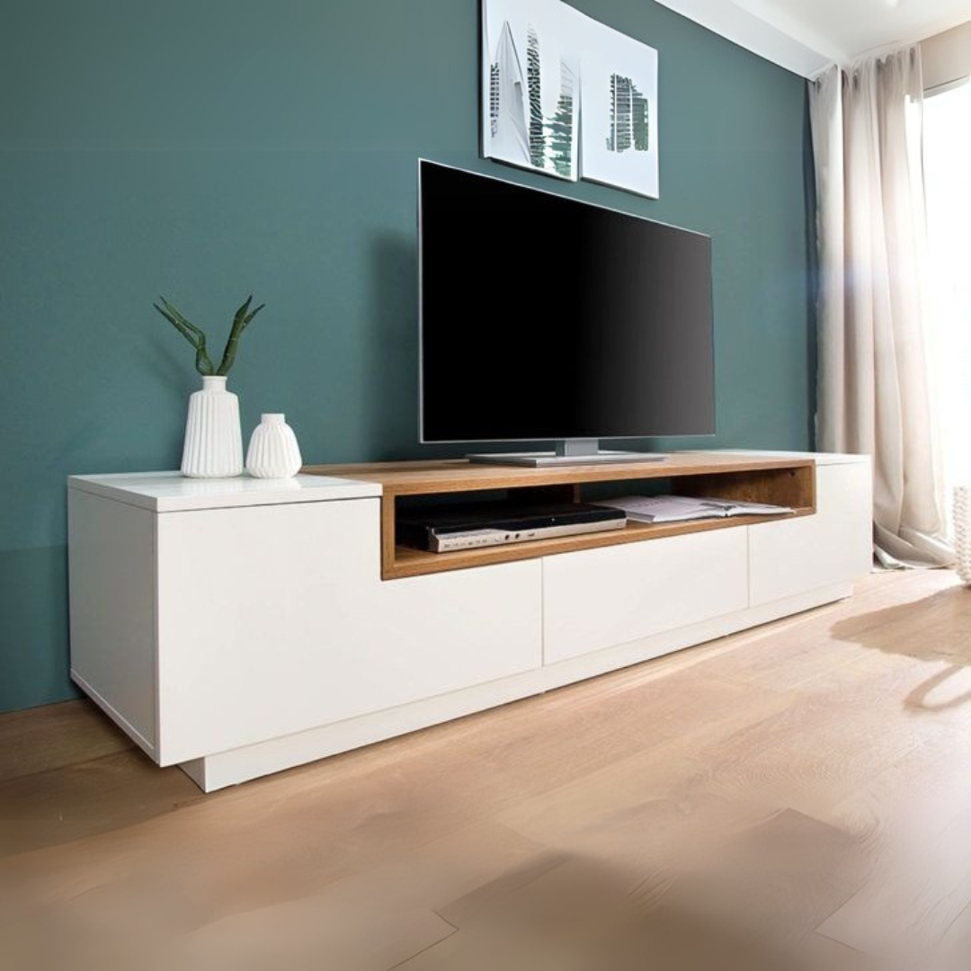 Large TV Unit – White & Wooden, 180x40cm