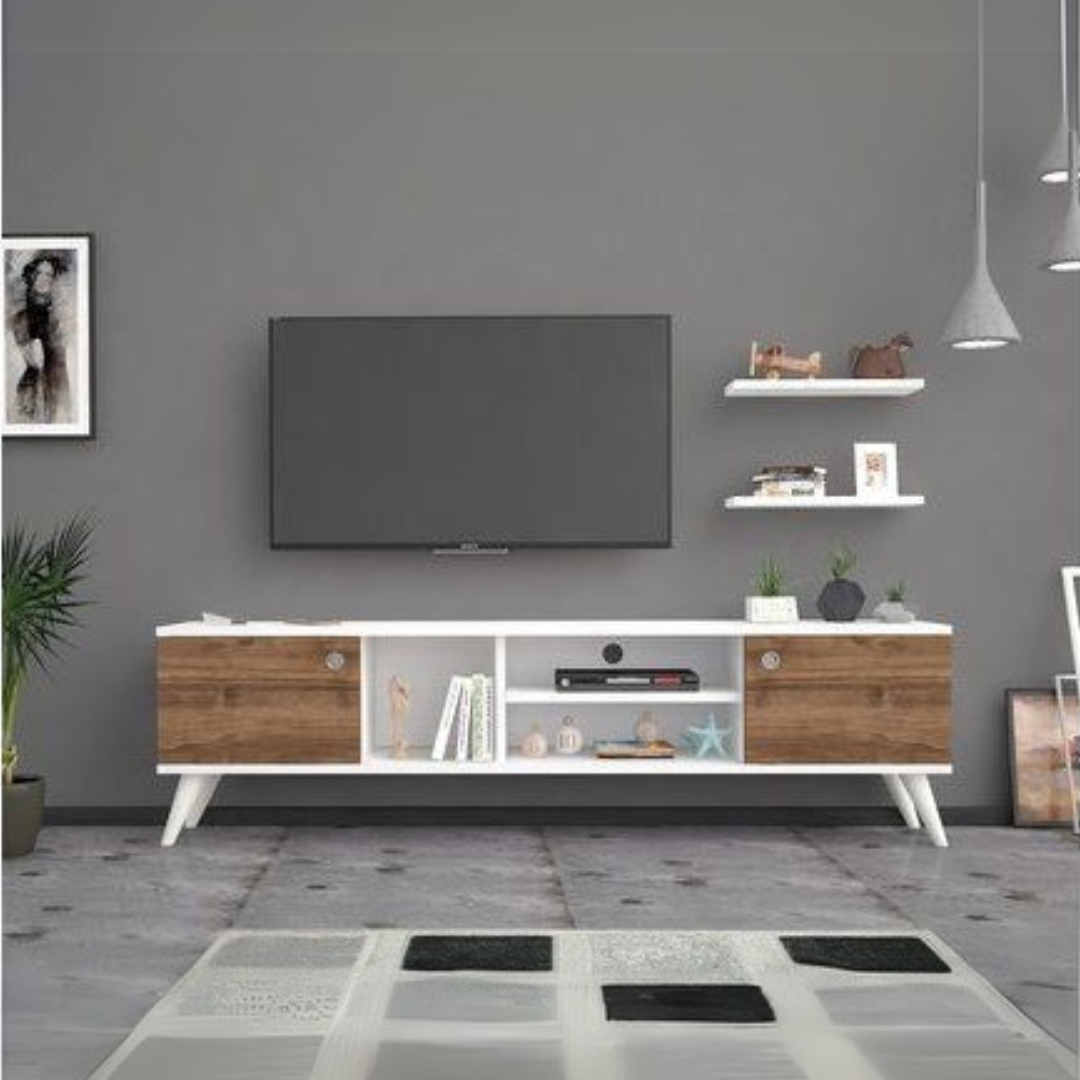 Large TV Unit – White & Wooden, 180x40cm