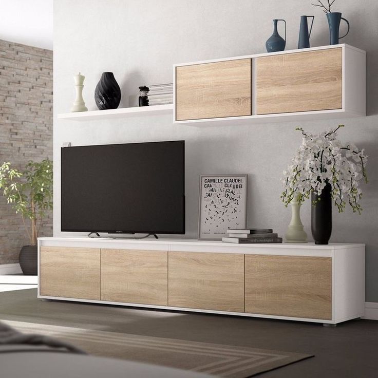 Large TV Unit – White & Wooden, 180x40cm