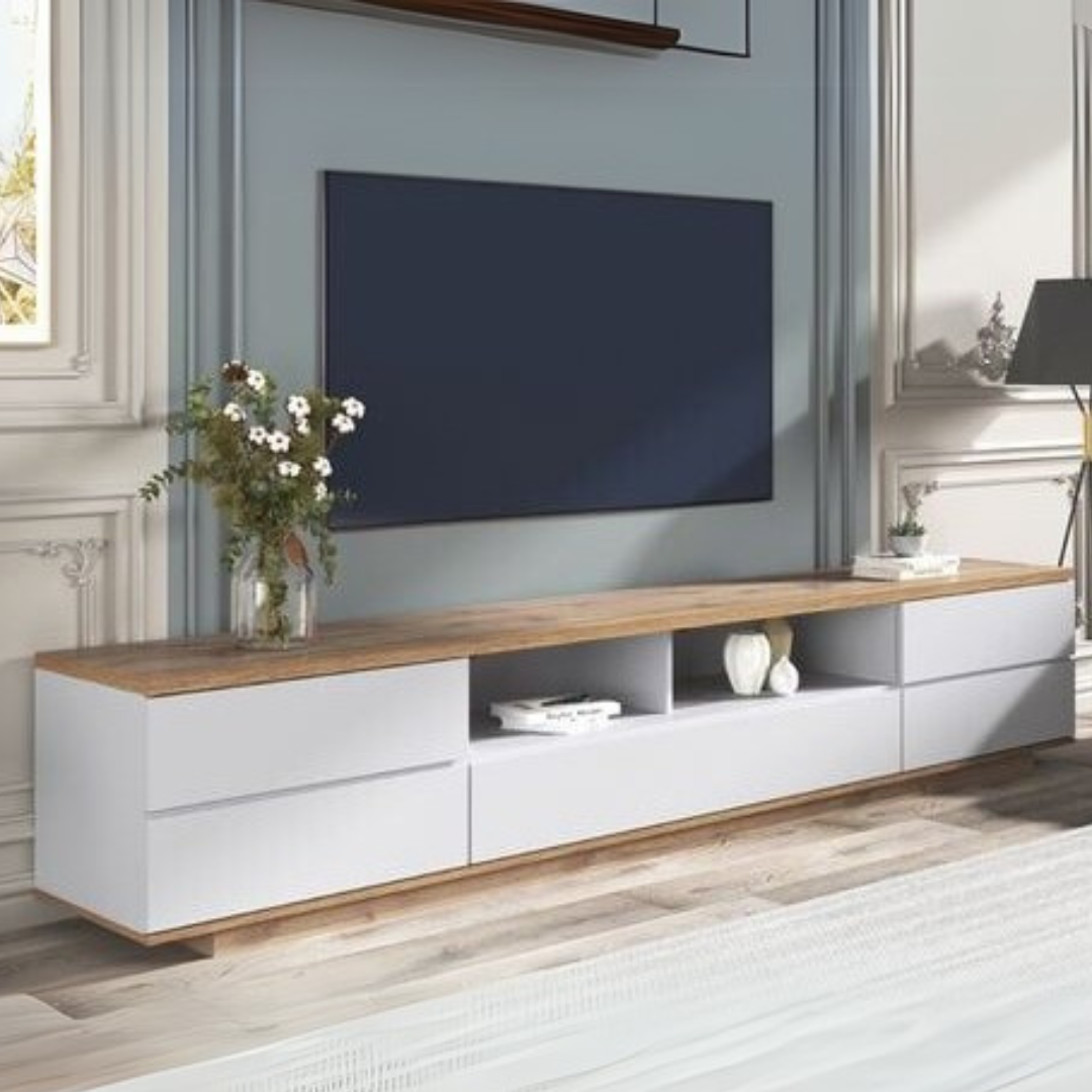 Large TV Unit – White & Wooden, 200x40cm