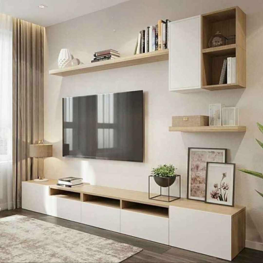 Large TV Unit – White & Wooden, 220x40cm