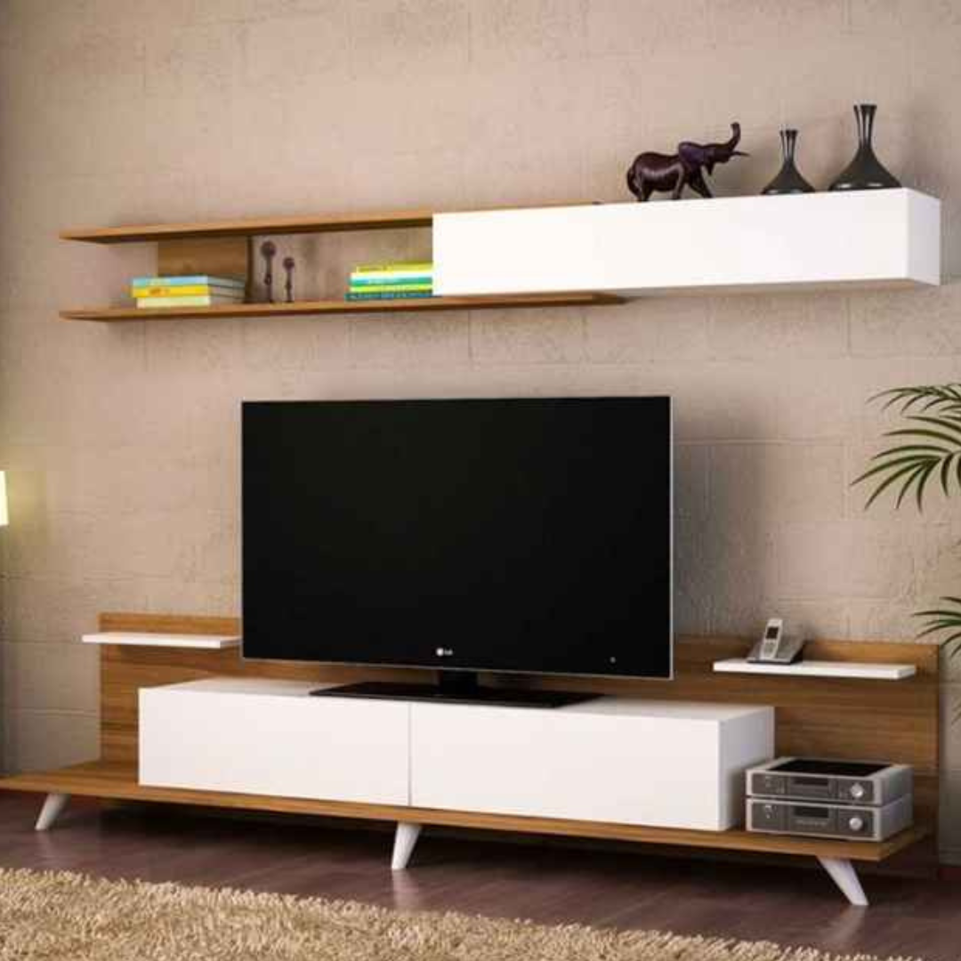 Large TV Unit – White & Wooden, 180x40cm