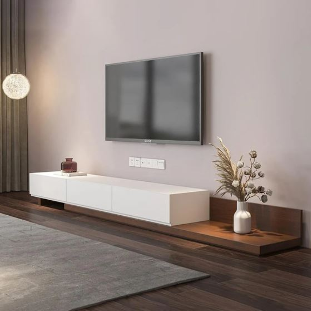 وحدة تلفزيون كبيرة – أبيض وخشبي، 240×40 سم