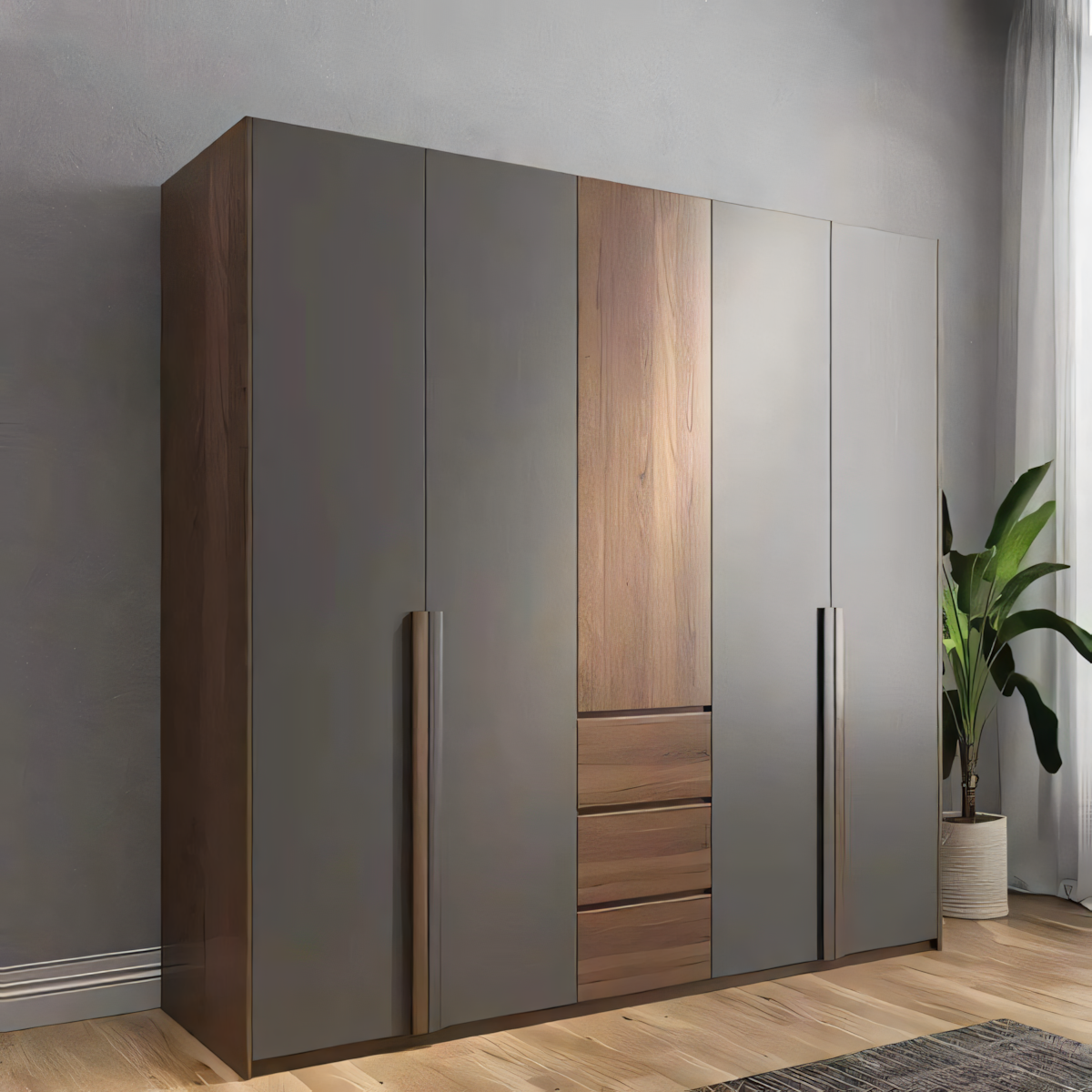 Spacious Wardrobe – Wooden & Grey, 200x50cm