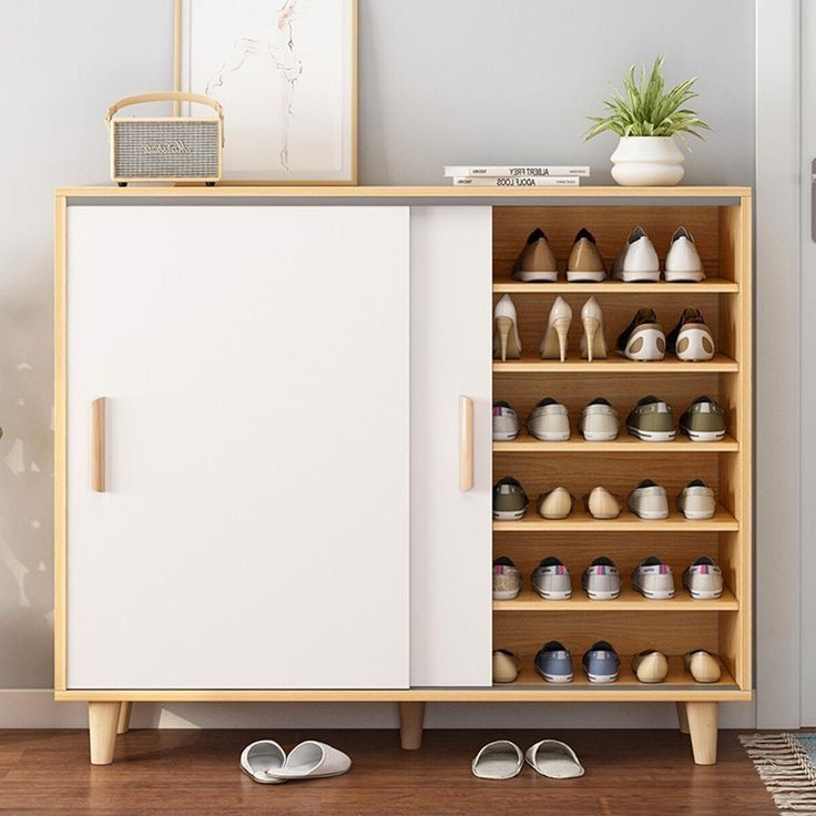 Large Shoe Rack – White & Wooden, 120x40cm
