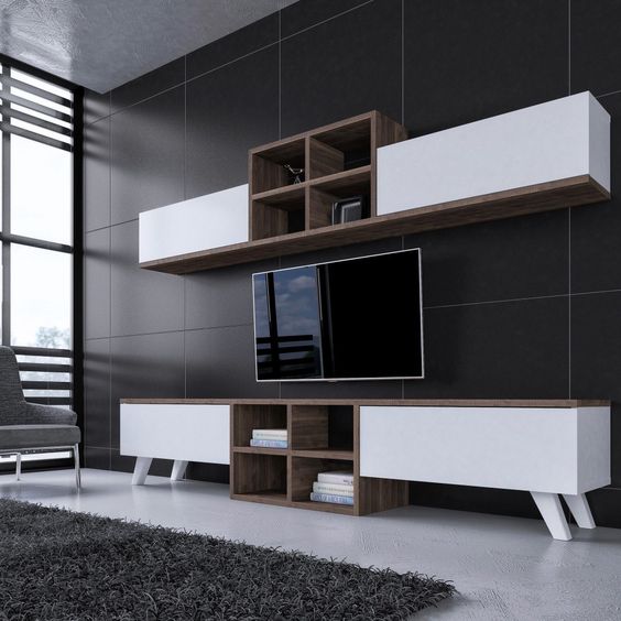 وحدة تلفزيون كبيرة – أبيض وبني، 220×40 سم