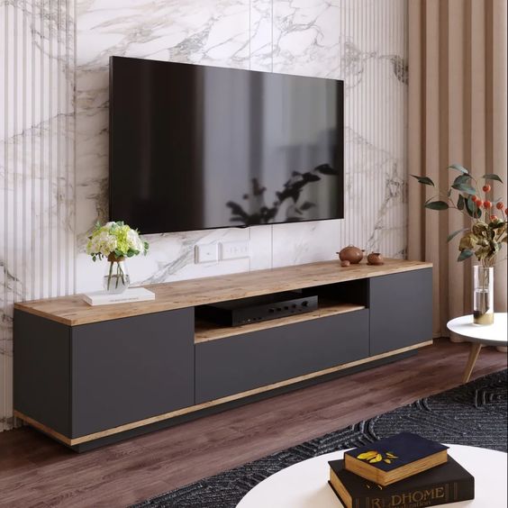 Large TV Unit – Black & Wooden, 180x30cm