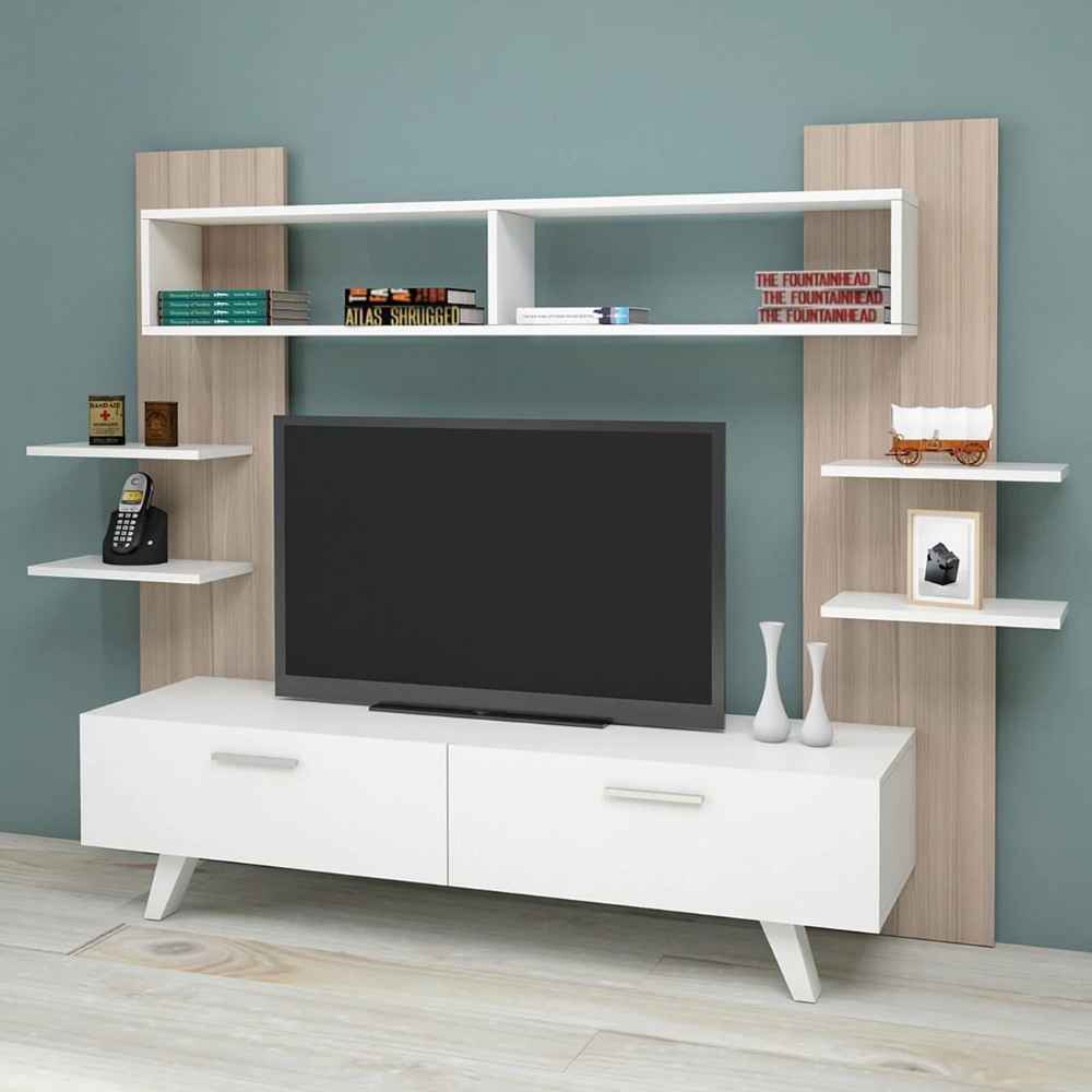 Large TV Unit – White & Wooden, 180x40cm