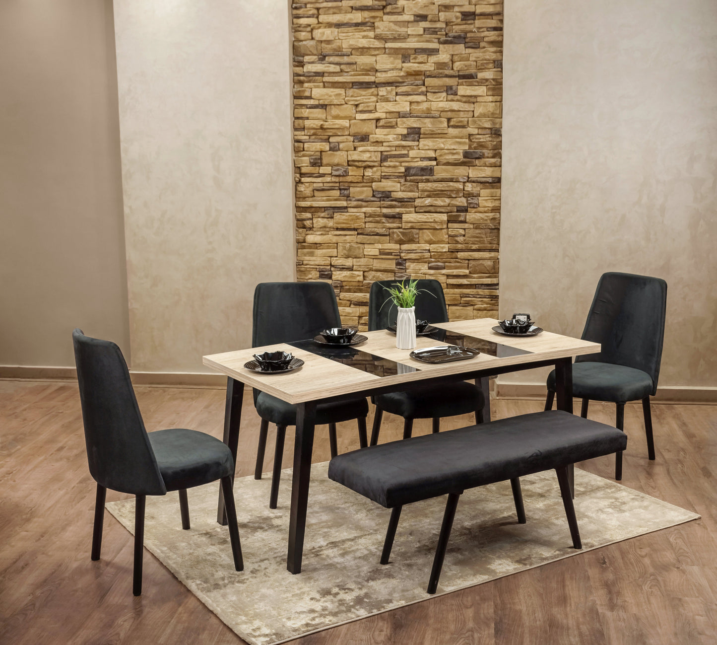 4-Seater Dining Table – Velvet Chairs, 160x80cm
