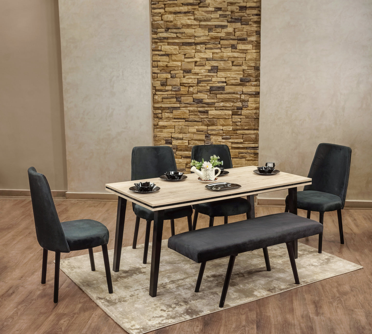 4-Seater Dining Table – Velvet Chairs, 160x80cm