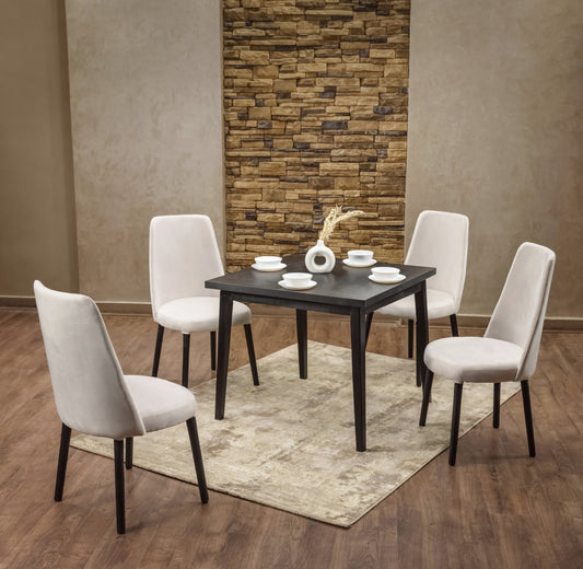 4-Seater Dining Table – Linen Chairs, 100x100cm