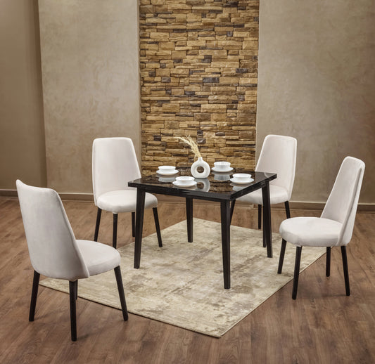 4-Seater Dining Table – Linen Chairs, 100x100cm