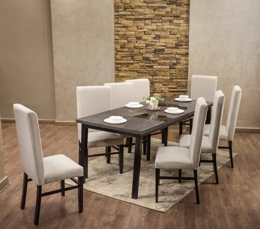 8-Seater Dining Table – Linen Chairs, 200x90cm