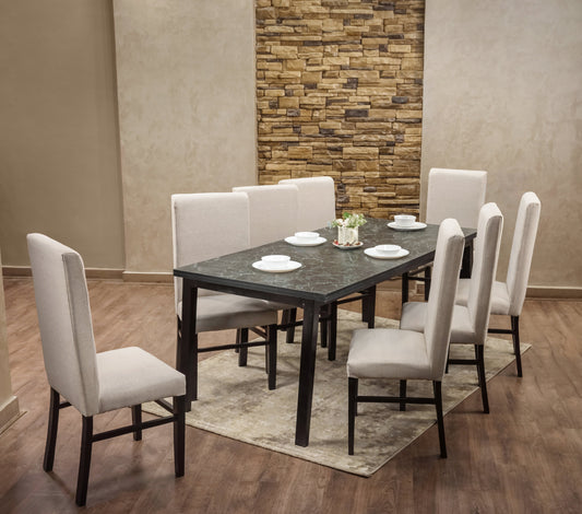 8-Seater Dining Table – Linen Chairs, 200x90cm