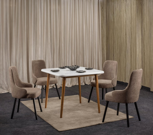 8-Seater Dining Table – Linen Chairs, 100x100cm