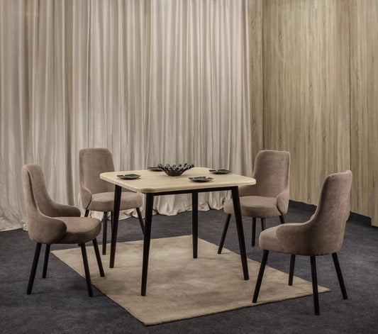 4-Seater Dining Table – Linen Chairs, 100x100cm
