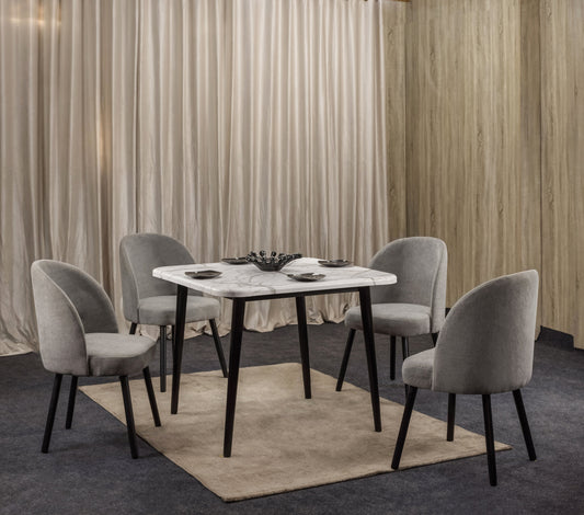 4-Seater Dining Table – Linen Chairs, 100x100cm