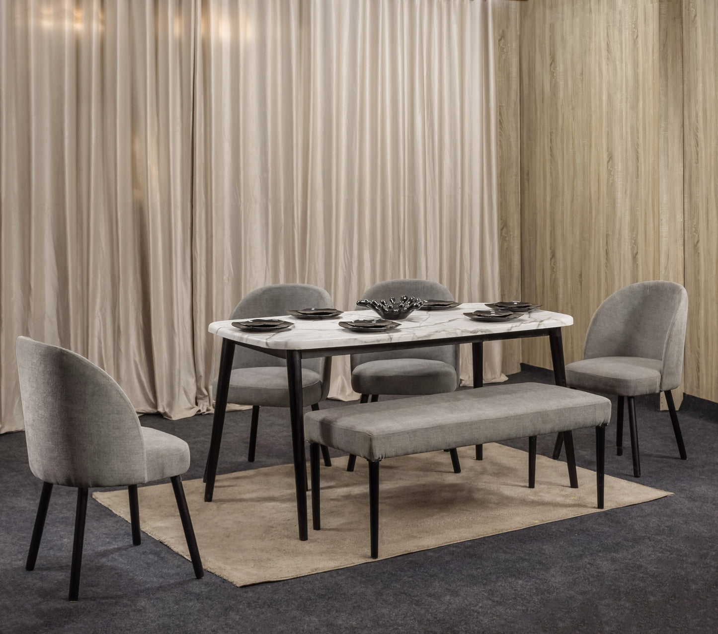 4-Seater Dining Table – Linen Chairs, 160x80cm