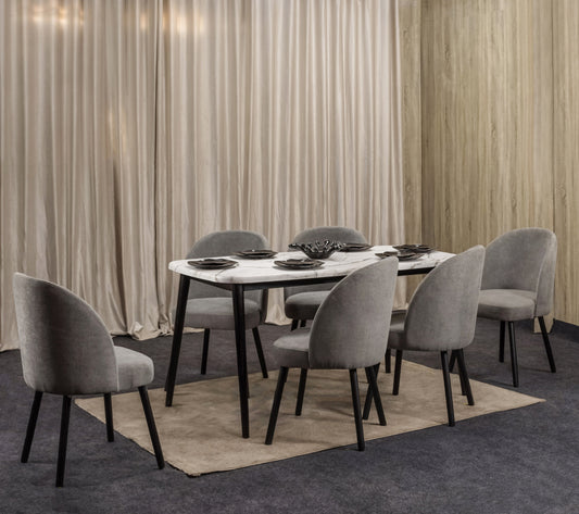 6-Seater Dining Table – Linen Chairs, 160x80cm