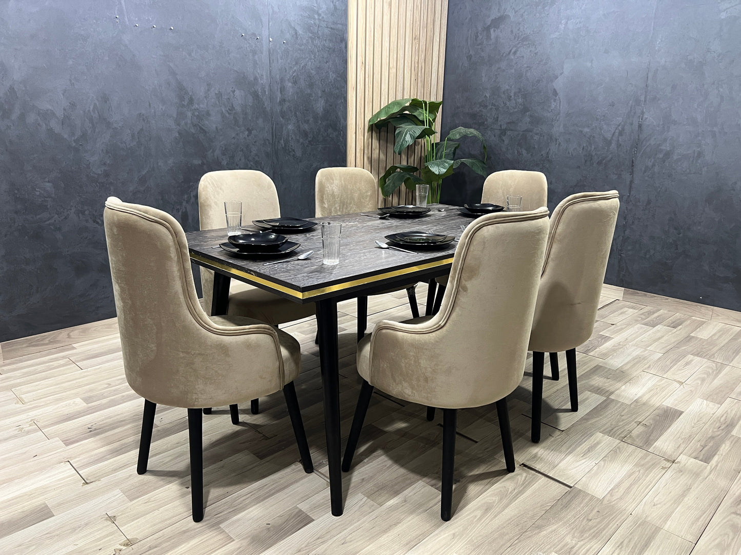 6-Seater Dining Table – Velvet Chairs, 160x80cm
