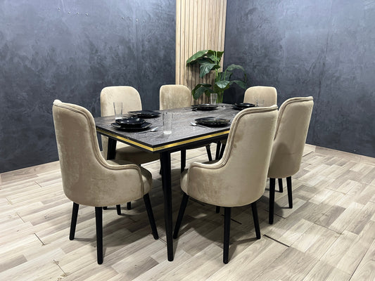 6-Seater Dining Table – Velvet Chairs, 160x80cm