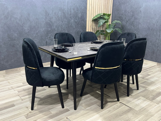 6-Seater Dining Table – Velvet Chairs, 160x80cm