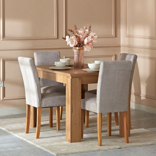 4-Seater Dining Table – Linen Chairs, 120x80cm