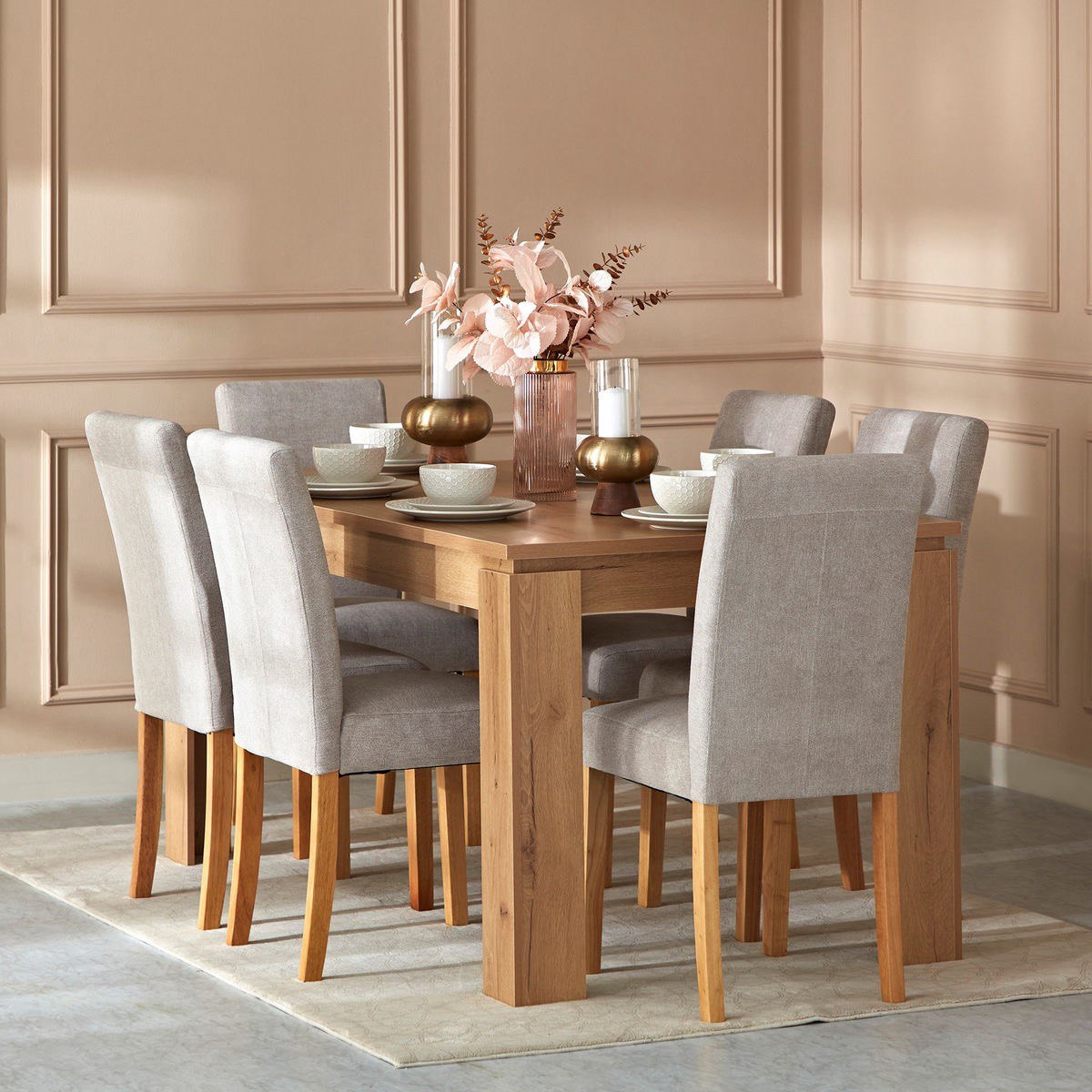 6-Seater Dining Table – Linen Chairs, 160x80cm