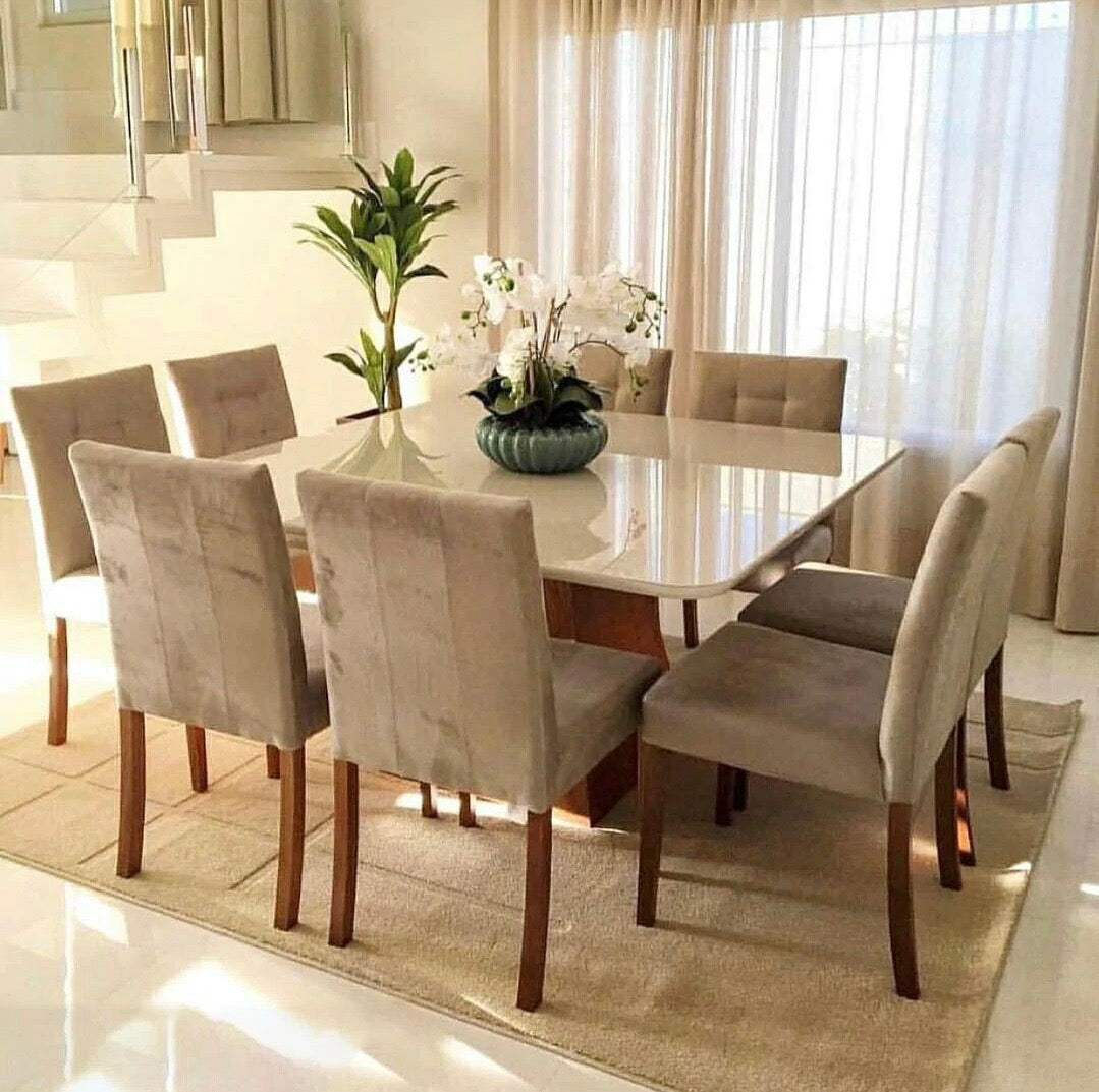 6-Seater Dining Table – Velvet Chairs, 120x120cm